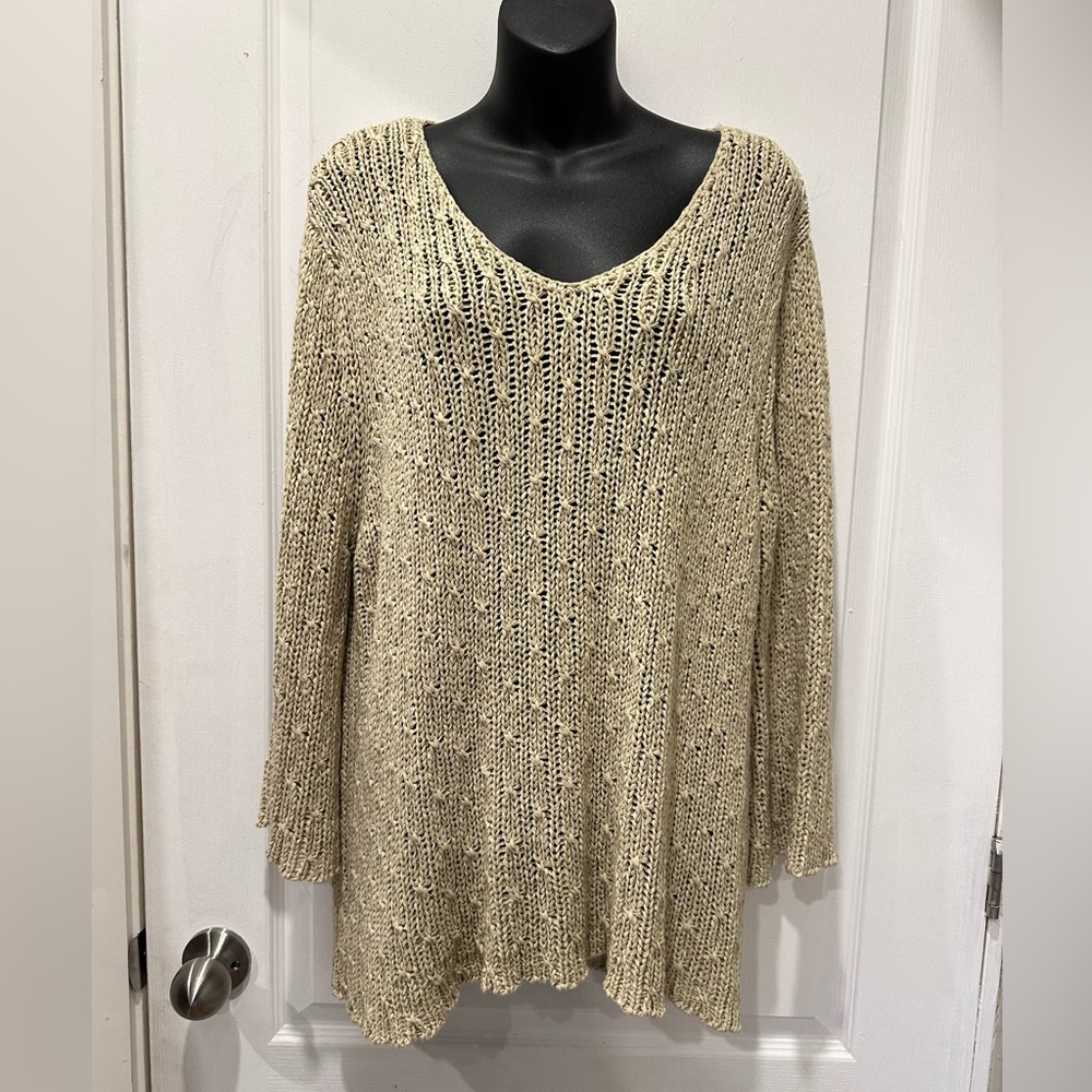 2XL V-Neck Lightweight Knit Top - oatmeal - open knit / crochet - coastal boho